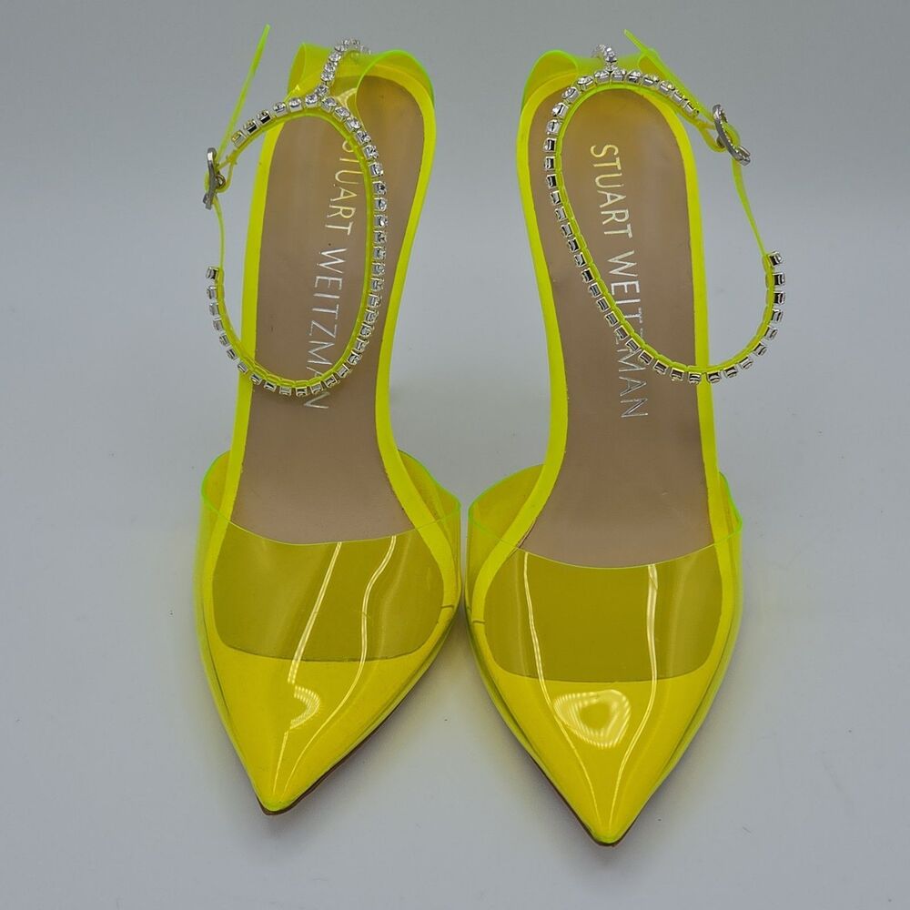 Stuart Weitzman Glam 100 Neon Yellow PVC Crystal Strap Pump Heel Size 10 EU 40.5 - Picture 4 of 8